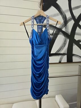 City Triangles Royal Blue Ruched Satin Mini Dress with Jeweled Straps